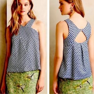 HD in Paris Anthropologie Blue & White Jacquard Geometric Triangle Cutout Top 2